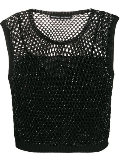 Ermanno Scervino Boxy Top In Black Perforated Knit With Rhinestones In Black
