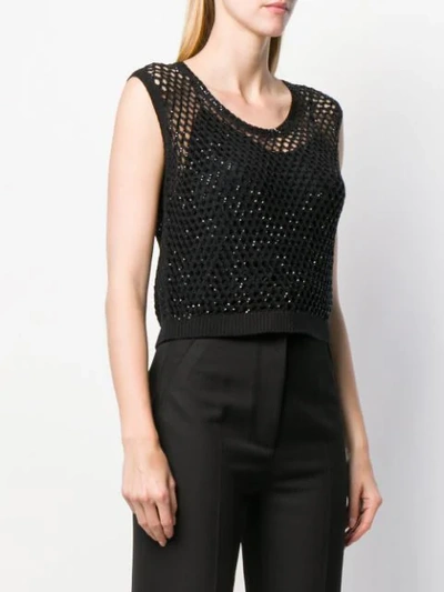 Ermanno Scervino Boxy Top In Black Perforated Knit With Rhinestones In Black