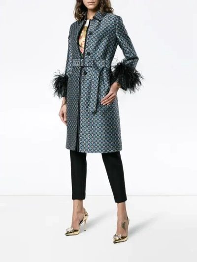 Shop Prada Ostrich Feather Trimmed Wool Blend Coat In F0v50 Celeste Nero