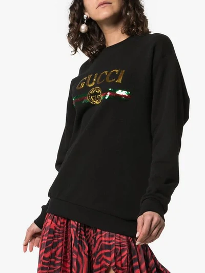 Shop Gucci Black Sequin-embellished Cotton Sweatshirt