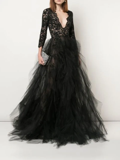 Shop Oscar De La Renta Plunging Neckline Gown In Black