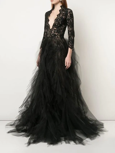 Shop Oscar De La Renta Plunging Neckline Gown In Black