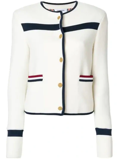 Shop Thom Browne Wool Knit Crewneck Jacket In White