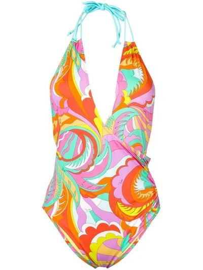 Shop Emilio Pucci Printed Halterneck Swimsuit - Orange