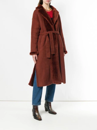 Shop Liska Belted Fur Coat In Red