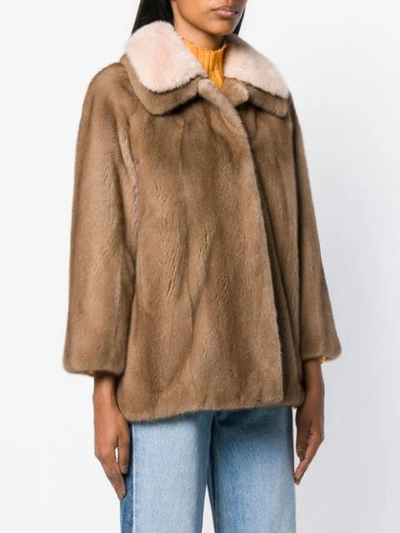 Shop Liska Contrast Collar Fur Jacket In Brown