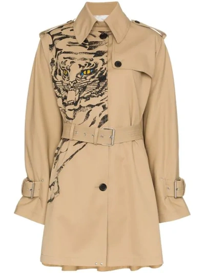 Shop Valentino Tiger Print Trench Coat In Neutrals