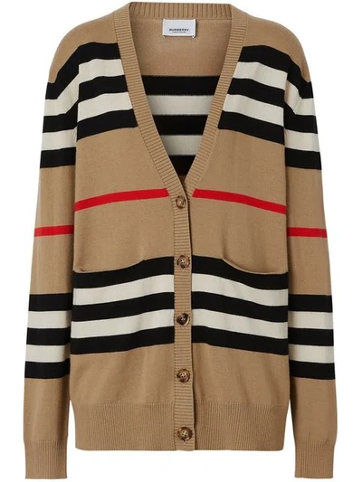 Shop Burberry Striped Cardigan In Neutrals