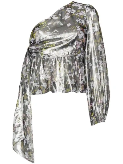 Shop Ganni One-shoulder Floral Top In Metallic