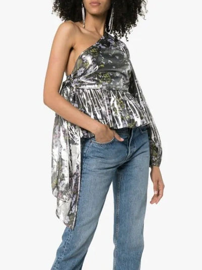 Shop Ganni One-shoulder Floral Top In Metallic