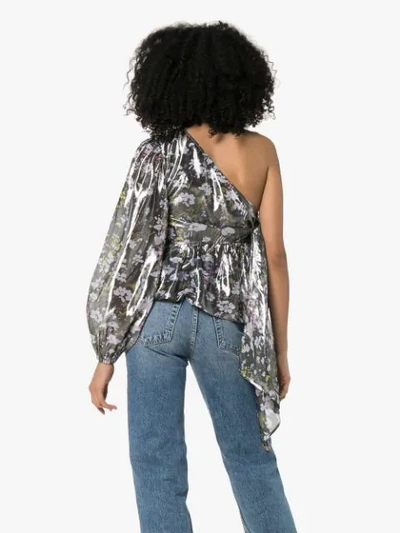 Shop Ganni One-shoulder Floral Top In Metallic