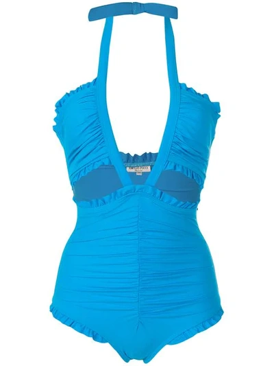 Shop Emilio Pucci Turquoise Ruffled Swimsuit In Blue
