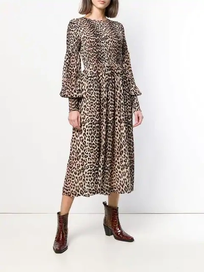 Shop Ganni Leopard Print Midi Dress In Neutrals