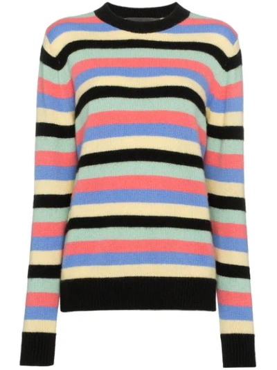 Shop The Elder Statesman Multicolour Stripe Round Neck Cashmere Sweater - Black Mint Pink Periwinkle Butt In Black Mint Pink Periwinkle Butter