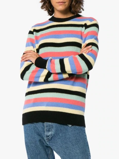 Shop The Elder Statesman Multicolour Stripe Round Neck Cashmere Sweater - Black Mint Pink Periwinkle Butt In Black Mint Pink Periwinkle Butter