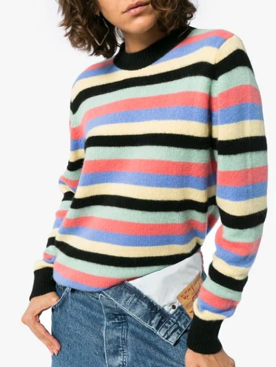 Shop The Elder Statesman Multicolour Stripe Round Neck Cashmere Sweater - Black Mint Pink Periwinkle Butt In Black Mint Pink Periwinkle Butter