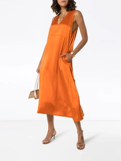 Shop Asceno Silk Midi Slip Dress In Orange