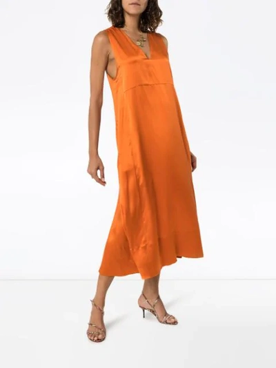Shop Asceno Silk Midi Slip Dress In Orange