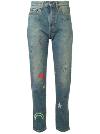 Shop Saint Laurent Embroidered High-rise Jeans In Blue