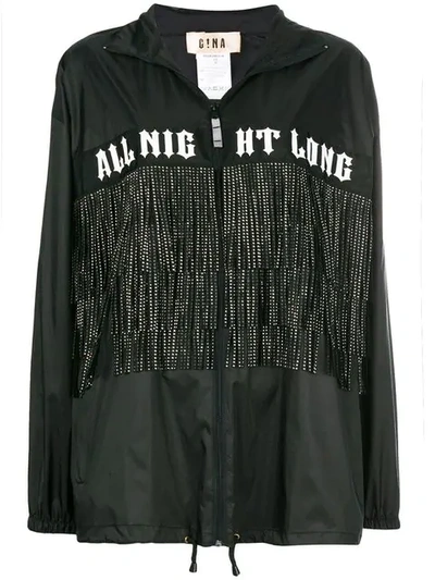 Shop Gina Fringed Printed Zipped Coat In Black
