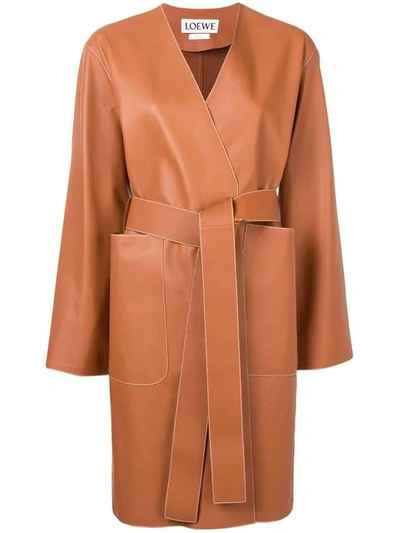 Shop Loewe Contrast Stitch Leather Coat In Brown