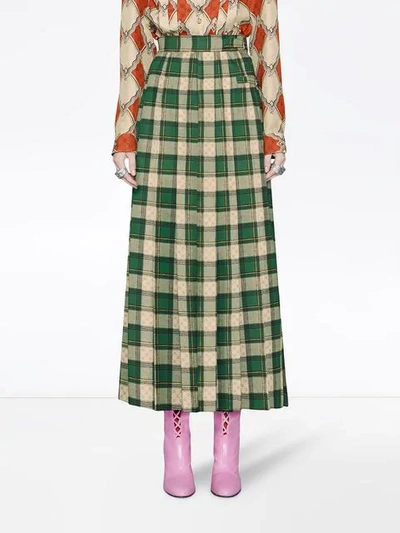 Shop Gucci Tartan Gg Wool Maxi Skirt In Green