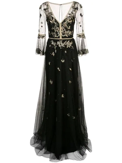 Shop Marchesa Notte Floral Embroidery Gown In Black