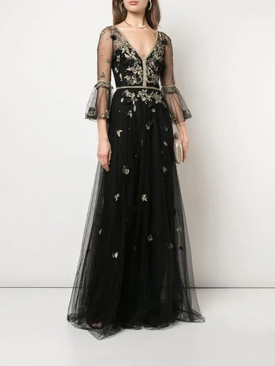 Shop Marchesa Notte Floral Embroidery Gown In Black