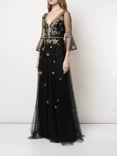 Shop Marchesa Notte Floral Embroidery Gown In Black