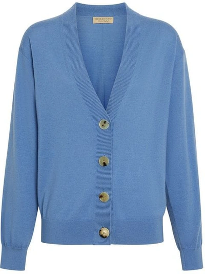 Shop Burberry Logo Detail Merino Wool Cardigan In Blue