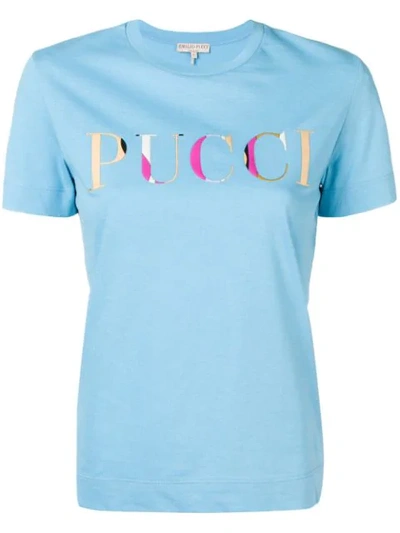 Shop Emilio Pucci Light Blue Guanabana Print Logo T-shirt