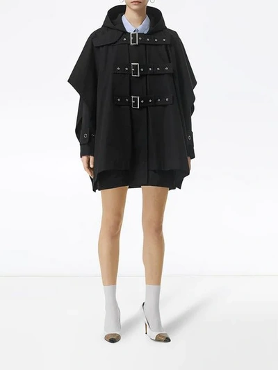 Shop Burberry Triple Buckle Cotton Gabardine Cape Coat In Black