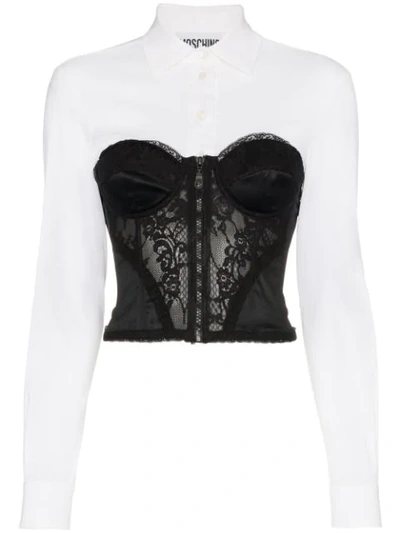 Shop Moschino Long Sleeve Shirt With Lace Corset In White
