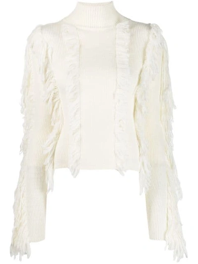 Shop David Koma Fringed Fitted Sweater In White
