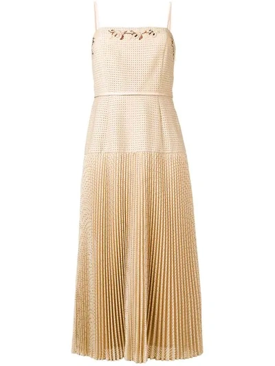 Shop Fendi Perforated Pleated Dress In Neutrals