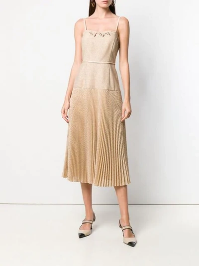 Shop Fendi Perforated Pleated Dress In Neutrals