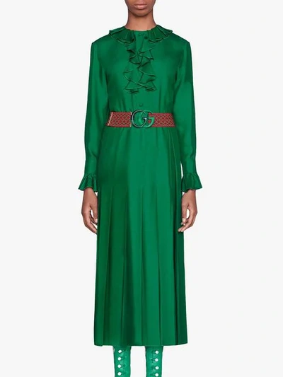 Shop Gucci Silk Dress With Double G Belt In Green