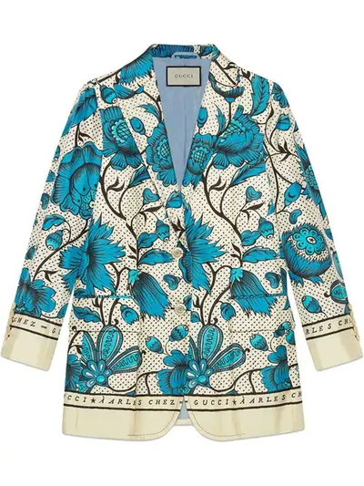 Shop Gucci Silk Jacket With Watercolor Flowers In Neutrals