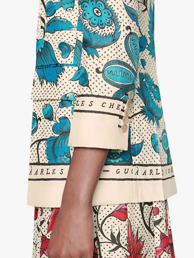 Shop Gucci Silk Jacket With Watercolor Flowers In Neutrals