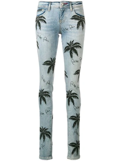 Shop Philipp Plein Palm Tree Print Skinny Jeans In Blue