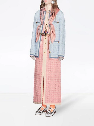 Shop Gucci Long Tweed Dress With Chain Belt In Pink