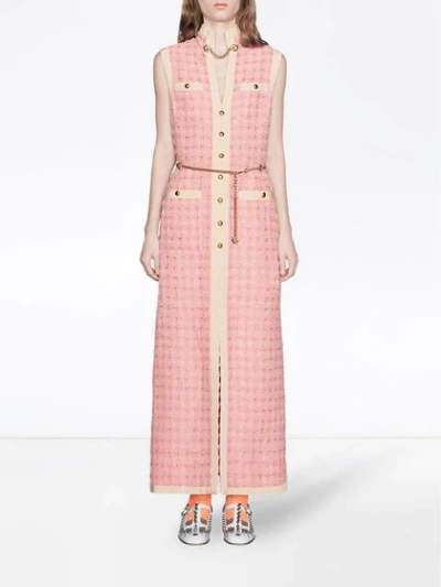 Shop Gucci Long Tweed Dress With Chain Belt In Pink