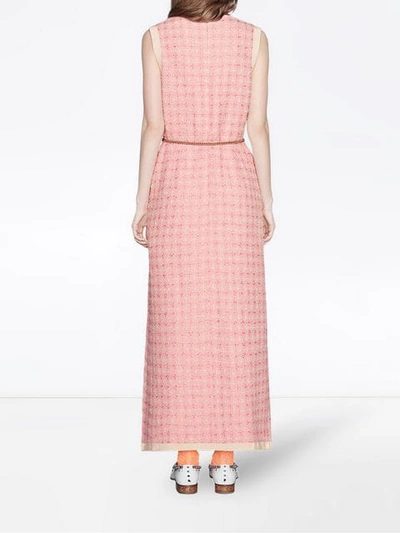 Shop Gucci Long Tweed Dress With Chain Belt In Pink