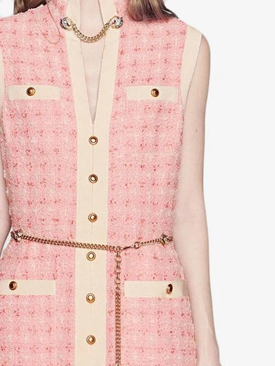 Shop Gucci Long Tweed Dress With Chain Belt In Pink