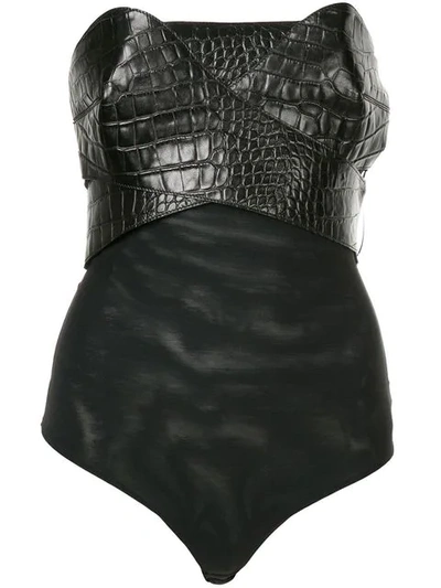 Shop Roberto Cavalli Lizard Skin Effect Panel Bodysuit In Black