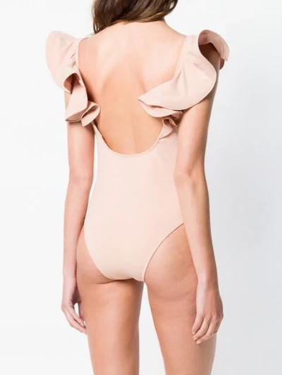 Shop Natasha Zinko Printed Frilled Swimsuit In Neutrals