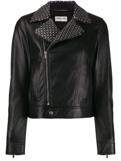 Shop Saint Laurent Star Studded Biker Jacket In 1081 -noir/argent