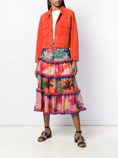 Shop Etro Floral Tiered Ruffle Skirt In Orange