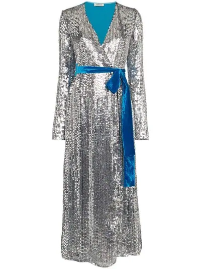 Shop Attico Belted Sequin Velvet Midi Dress In Blue