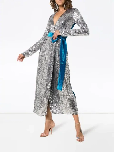 Shop Attico Belted Sequin Velvet Midi Dress In Blue